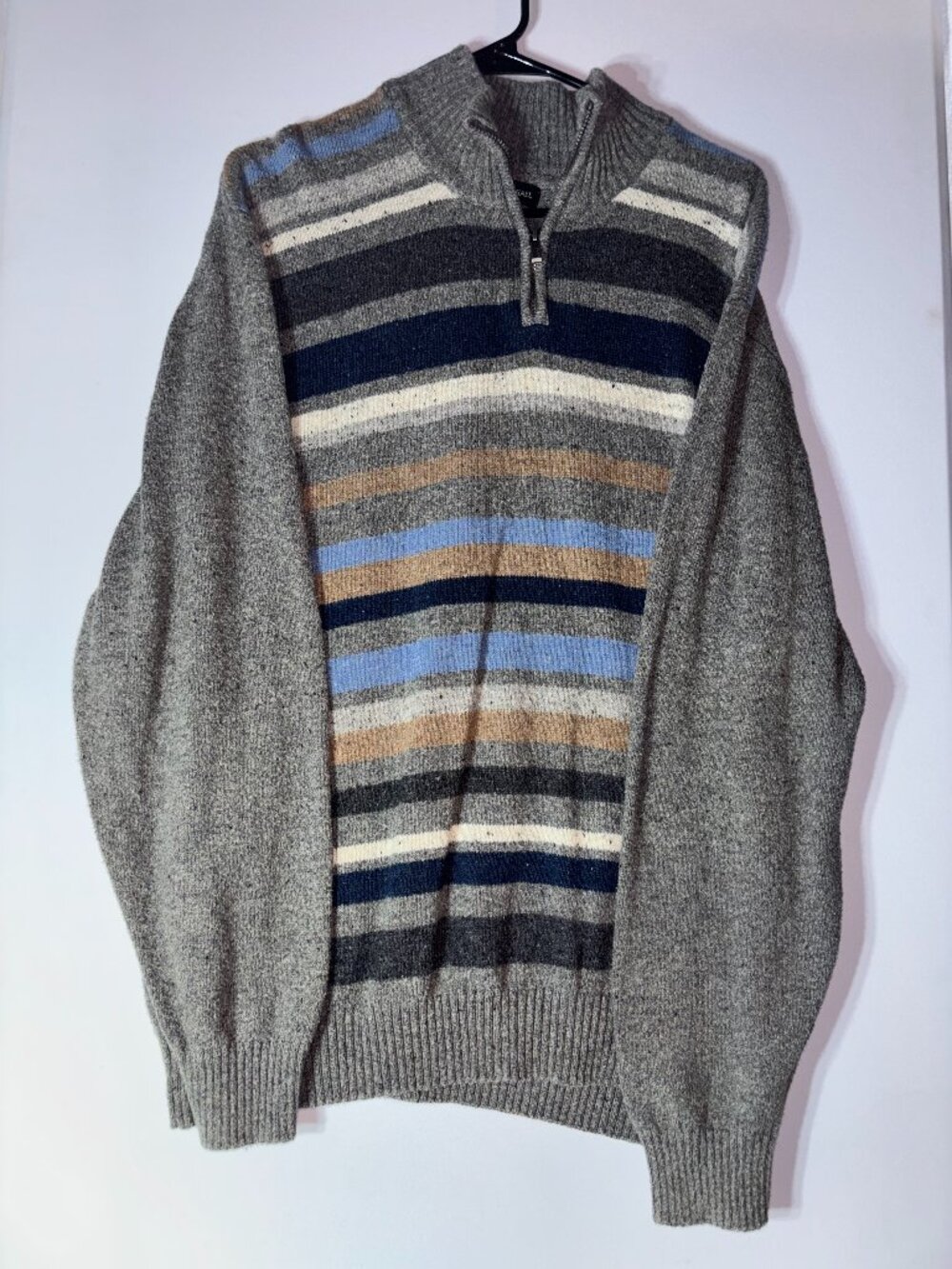 Tricots St Raphael Men's XL Grey Striped 1/4 Zip Pullover Knit Sweater